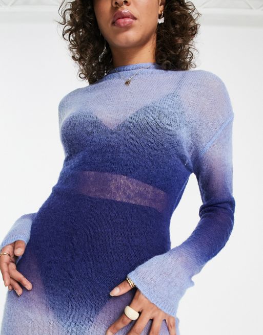 ASOS DESIGN knit mini dress with sweetheart plunge neckline in metallic  yarn in blue