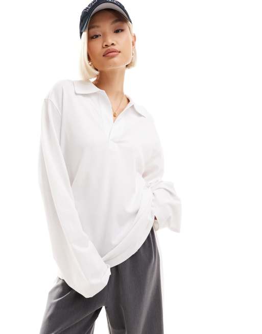 Weekday –Toby – Biały top oversize z długim rękawem i kołnierzykiem polo