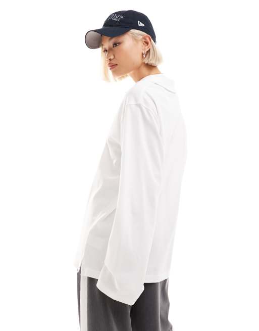 Weekday –Toby – Biały top oversize z długim rękawem i kołnierzykiem polo, 2 z 4
