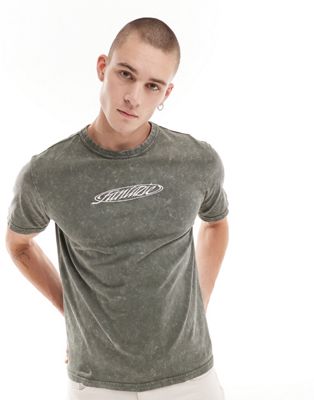 Weekday Toby boxy fit t-shirt with graphic print in khaki acid wash