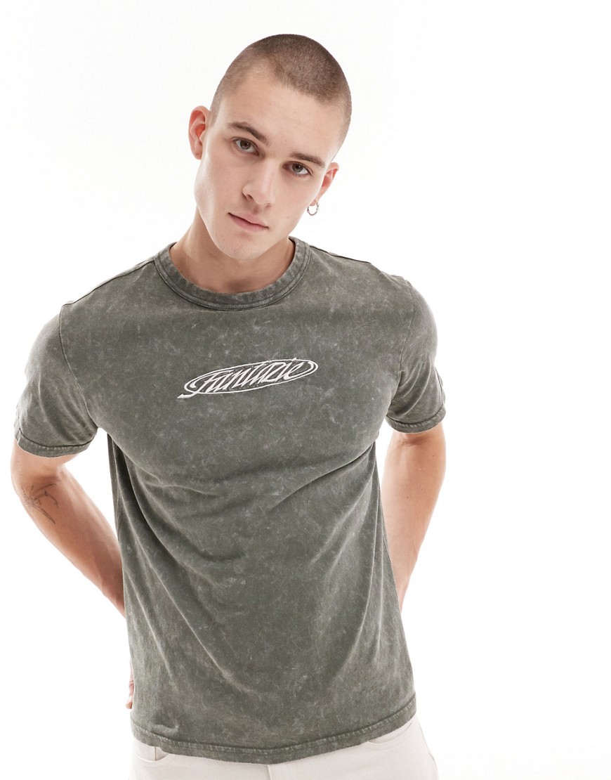 Weekday Toby boxy fit t-shirt with graphic print in khaki acid wash-Green