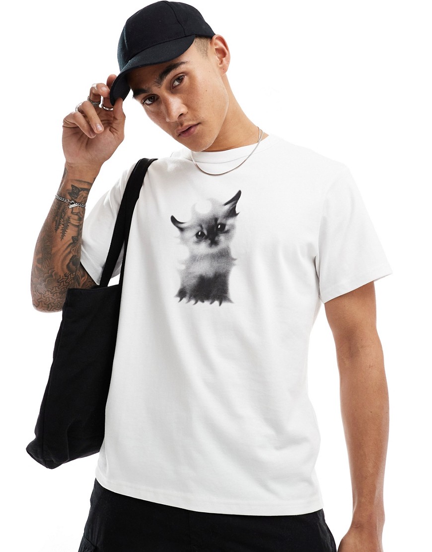 Weekday Toby boxy fit t-shirt with kitten graphic in white