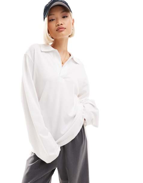 Weekday Toby oversized long sleeve polo top in white - view 1