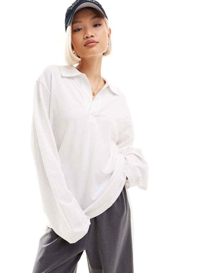 Weekday Toby oversized long sleeve polo top in white