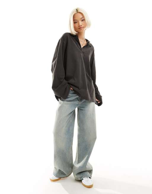 Weekday - Toby - Oversized polotop met lange mouwen in zwart met wassing