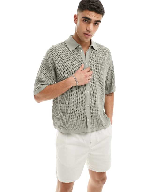 Weekday - tom crochet short sleeve shirt in light khaki