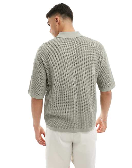 Weekday Tom crochet short sleeve shirt in light khaki | ASOS