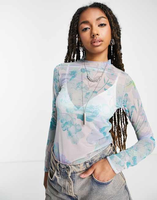 Weekday - Top à col haut en tulle de polyester à imprimé fleurs - Bleu - MULTI