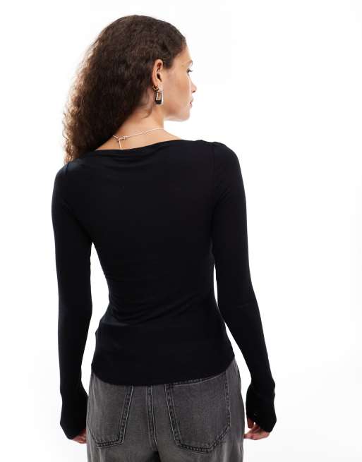 Weekday - Top à encolure bateau et manches longues en jersey doux semi-transparent - Noir, 2 de 4