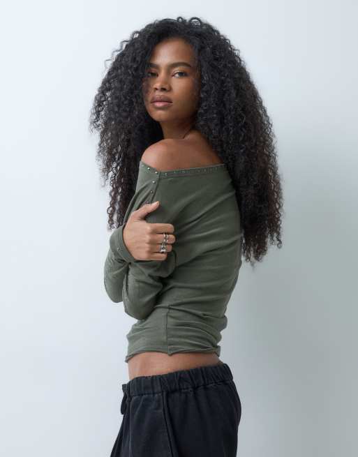 Weekday top à épaules dénudées, ample, à manches longues, avec clous, kaki foncé, 5 de 5