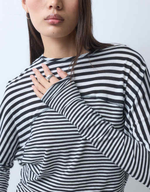Weekday top à manches chauve-souris semi-transparent à manches longues à rayures noires et blanches, 2 de 9