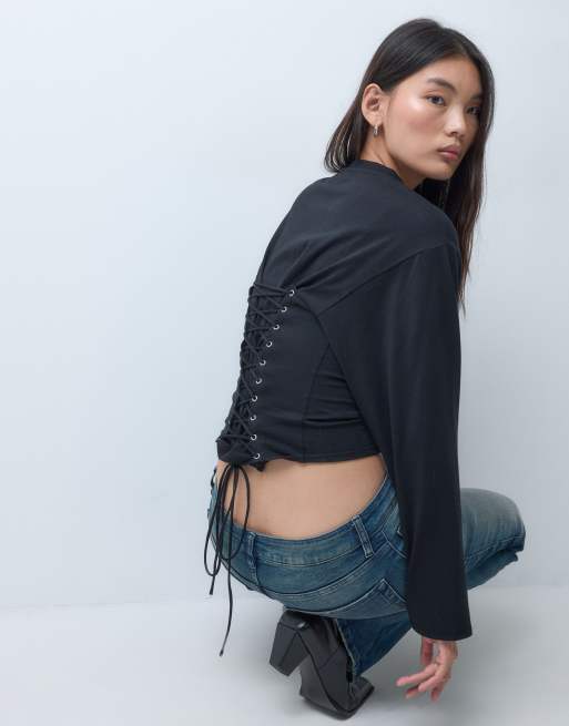 Weekday top à manches longues avec détail corset au dos noir, 4 de 10