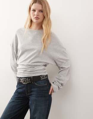 Top à manches longues volumineuses avec taille froncée - Gris chiné XL