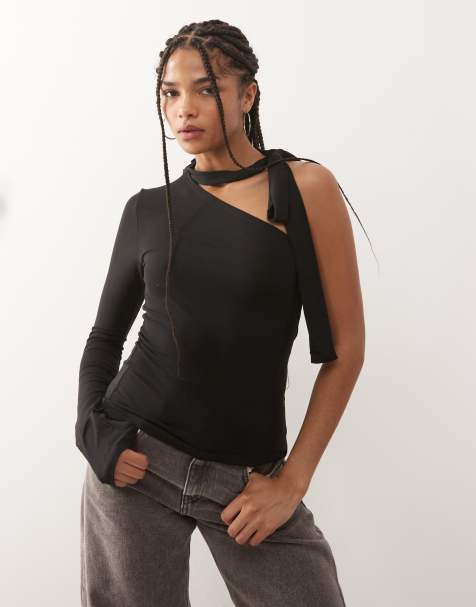 Weekday - Top a maniche lunghe allacciato al collo monospalla nero - view 1