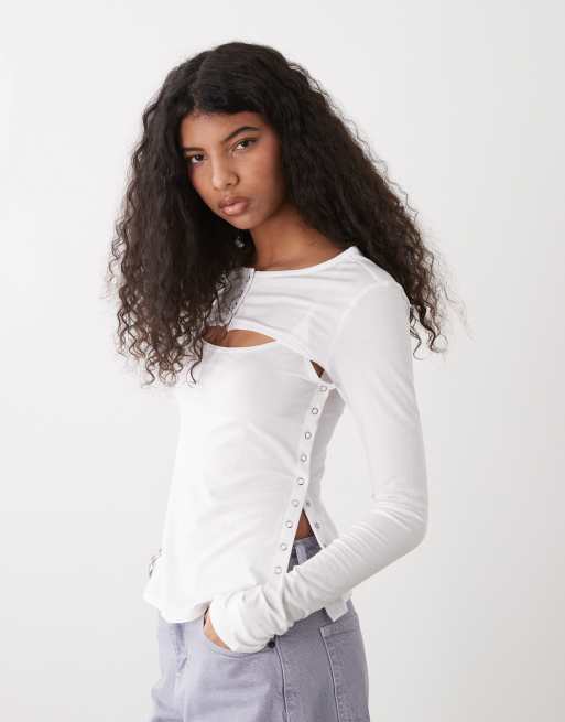 Weekday - Top a maniche lunghe bianco con dettaglio bolero