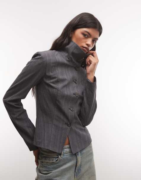 Weekday top a maniche lunghe con collo a imbuto in grigio mélange a righe sottili - view 1