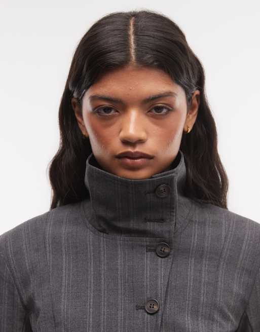 Weekday top a maniche lunghe con collo a imbuto in grigio mélange a righe sottili, 3 di 4