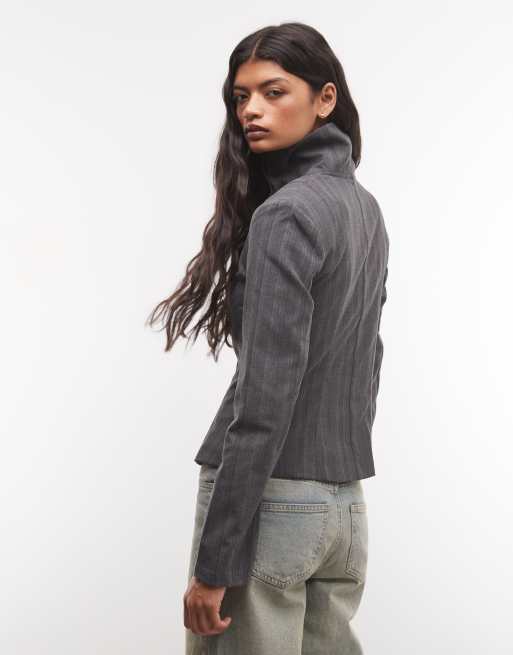 Weekday top a maniche lunghe con collo a imbuto in grigio mélange a righe sottili, 4 di 4