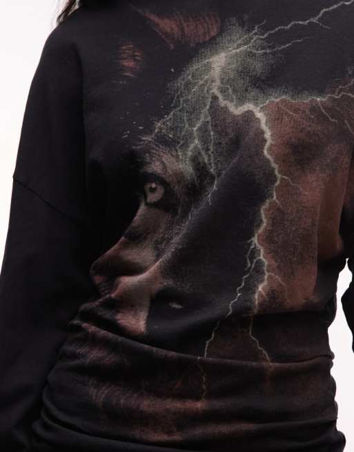 Weekday top a maniche lunghe con vita stretta e stampa lupo nero, 3 di 4