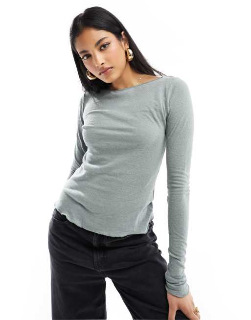 Weekday - Top a maniche lunghe in misto lino verde polvere