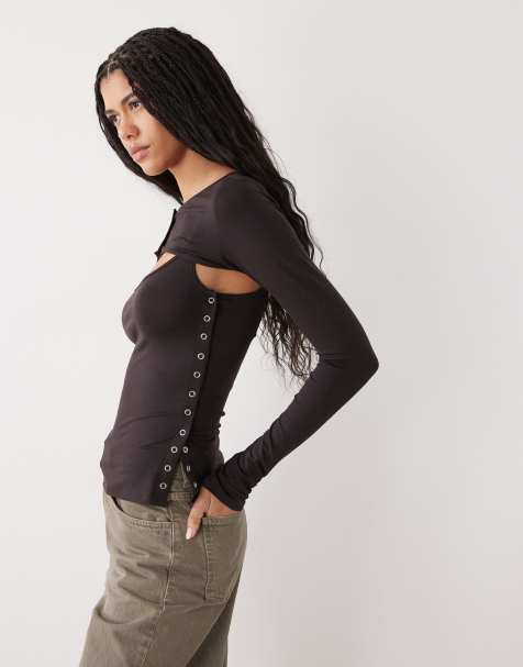 Weekday - Top a maniche lunghe marrone scuro con dettaglio bolero - view 1