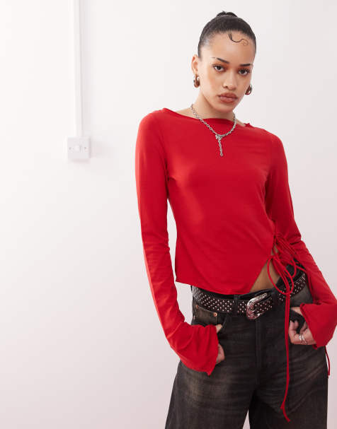 Weekday - Top a maniche lunghe rosso con laccetti laterali - view 1