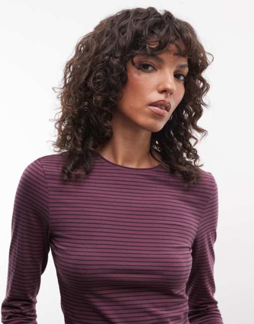 Weekday - Top a maniche lunghe slim fit viola a righe con maniche svasate, 3 di 4