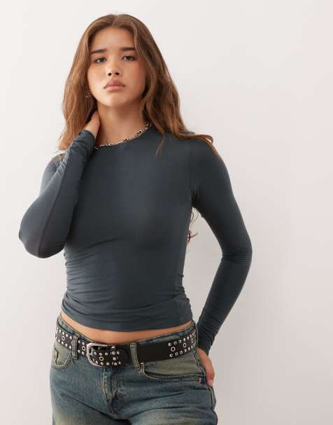 Weekday - Top a maniche lunghe slim morbidissimo blu petrolio con fori per i pollici - view 1
