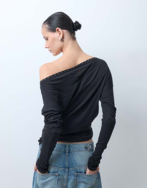 Weekday top a spalle scoperte morbido a maniche lunghe con borchie nero, 2 di 5