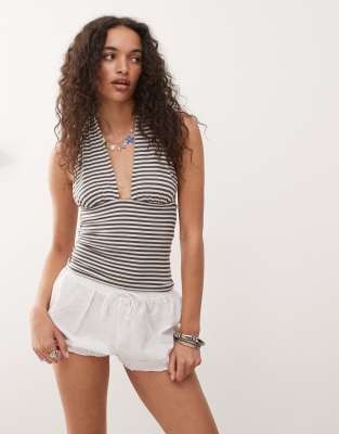 Weekday - Top allacciato al collo a righe color bianco sporco e talpa con scollo profondo - view 1