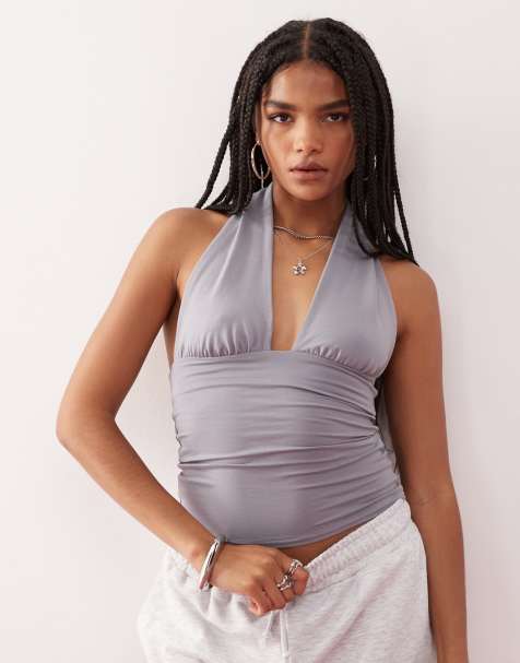 Weekday - Top allacciato al collo grigio scuro con scollo profondo - view 1