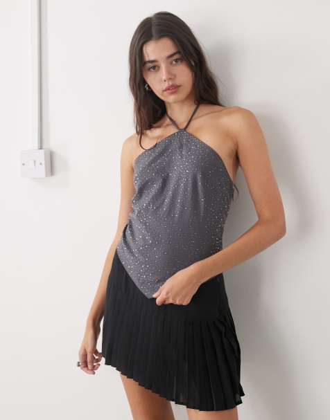 Weekday - Top allacciato al collo nero sporco con dettagli in strass - view 1