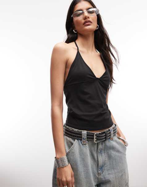 Weekday - Top allacciato al collo slim nero con spalline sottili e scollo a V - view 1