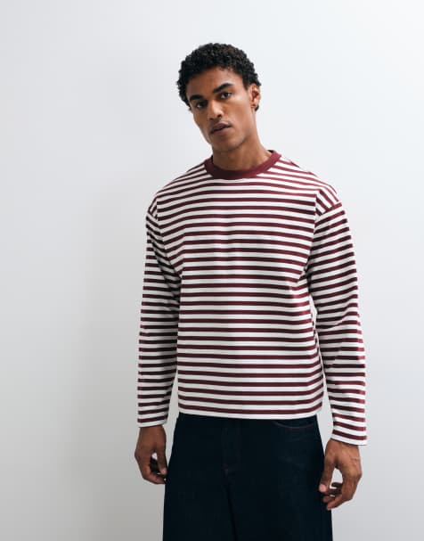 Weekday top ampio squadrato a maniche lunghe a righe bianco sporco e bordeaux - view 1