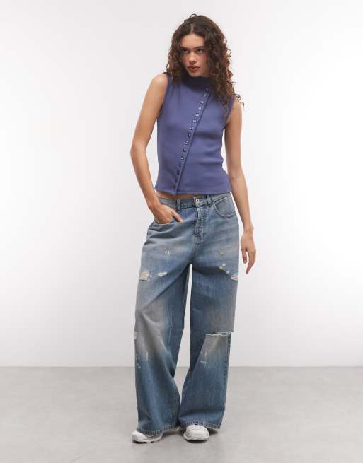 Weekday top asimmetrico con bottoni e collo alto in blu navy, 2 di 4