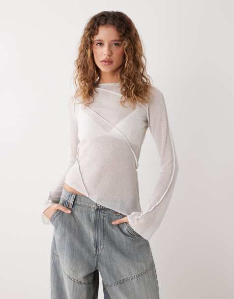Weekday - Top asymétrique transparent à manches longues et surpiqûres - Blanc - view 1