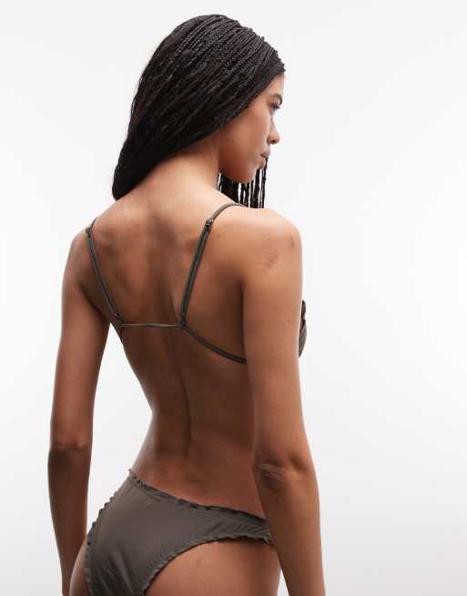 Weekday - Top bikini a triangolo allacciato sul davanti con volant color tortora scuro, 3 di 4