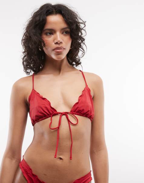 Weekday - Top bikini a triangolo rosso allacciato sul davanti con volant - In esclusiva per ASOS - view 1