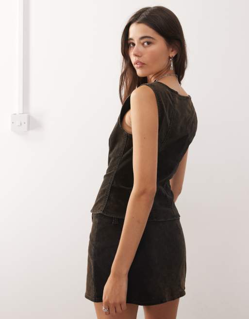 Weekday - Top corset d'ensemble en velours à agrafes - Marron foncé délavé, 2 de 4