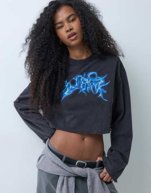 Weekday top corto extragrande de manga larga con estampado gráfico efecto aerógrafo en negro, 2 de 5