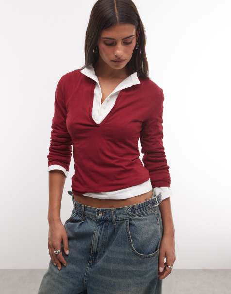 Weekday - top de cuello de pico y manga tres cuartos en rojo cereza - view 1