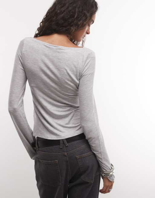 Weekday top de manga larga con cuello barco en gris jaspeado, 3 de 4