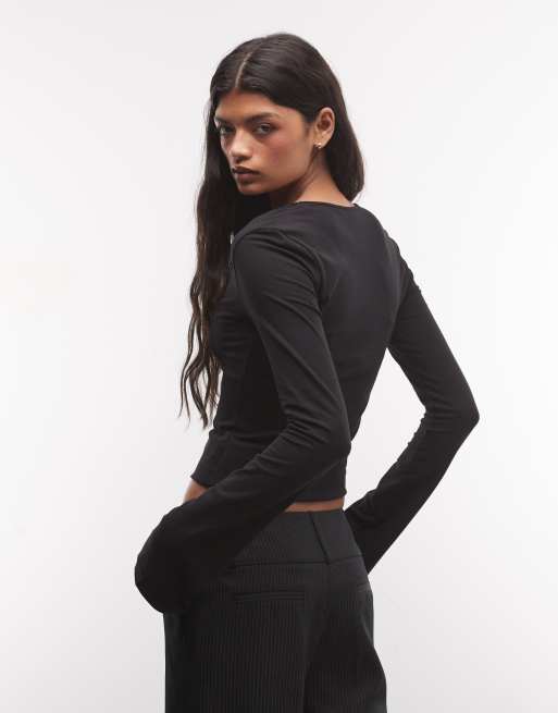 Weekday top de manga larga con cuello de pico en negro, 4 de 4