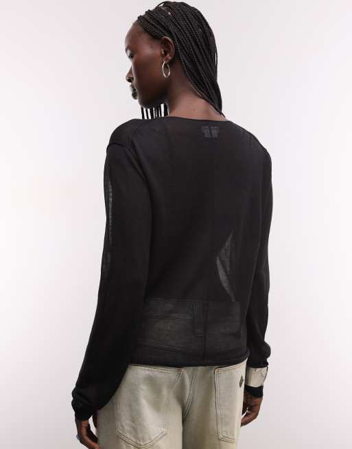 Weekday top en maille transparente à encolure bateau avec couture devant en noir, exclusivité ASOS, 2 de 4