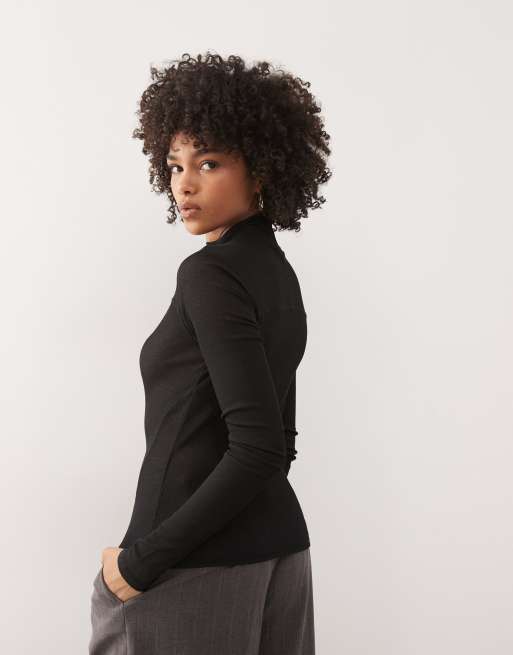 Weekday - Top en tulle à manches longues et col montant avec surpiqûres - Noir, 3 de 4