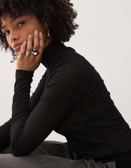 Weekday - Top en tulle à manches longues et col montant avec surpiqûres - Noir, 4 de 4
