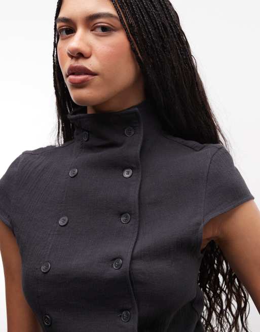 Weekday - Top froissé à col montant et double boutonnage - Gris foncé, 3 de 4