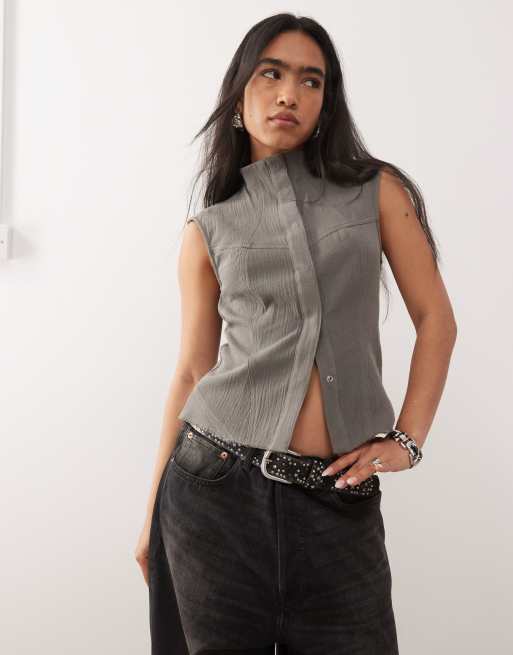 Weekday - Top grigio senza maniche con collo a imbuto e bottoni, 3 di 4
