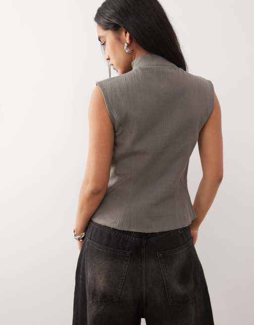 Weekday - Top grigio senza maniche con collo a imbuto e bottoni, 4 di 4
