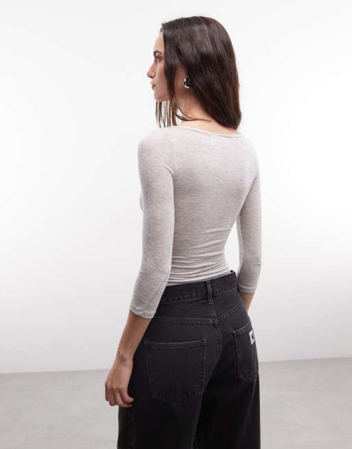 Weekday top henley à manches trois-quarts effet superposé gris chiné, 2 de 4
